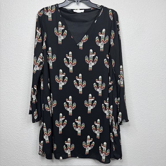 Black Cactus Sexy Flowy Peasant Mini Dress Bell Sleeve Sz Medium - Picture 1 of 12